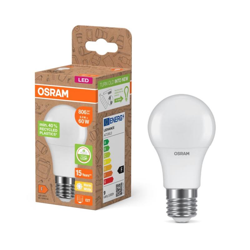 Osram E27 LED Lampe Star Classic A 100 Recycled Plastic 14W wie 100W warmweißes Licht - weiß mattierte Glühbirne
